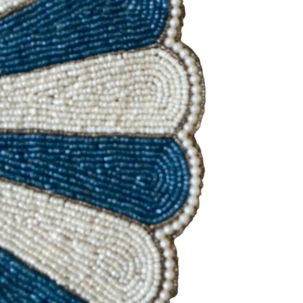 Tiramisu Hand Glass Beaded Placemat Charger Round Scalloped Edge Blue Cream NEW